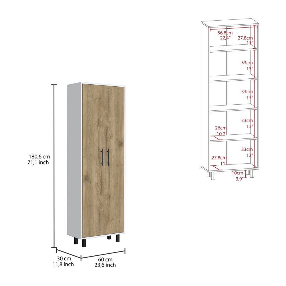 Conjunto de dos islas de cocina y armarios de despensa de madera de roble y blanco
