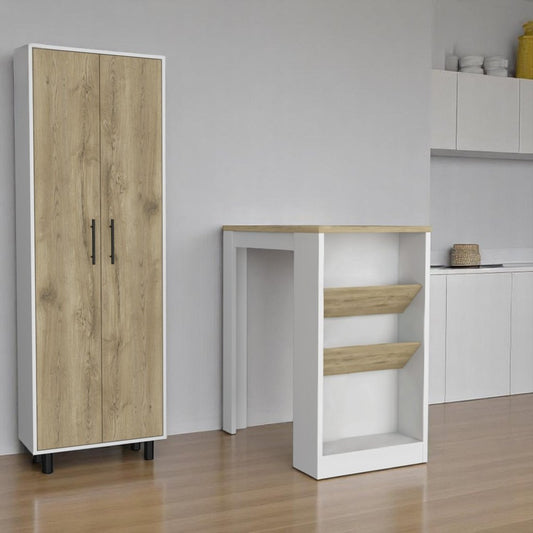 Conjunto de dos islas de cocina y armarios de despensa de madera de roble y blanco