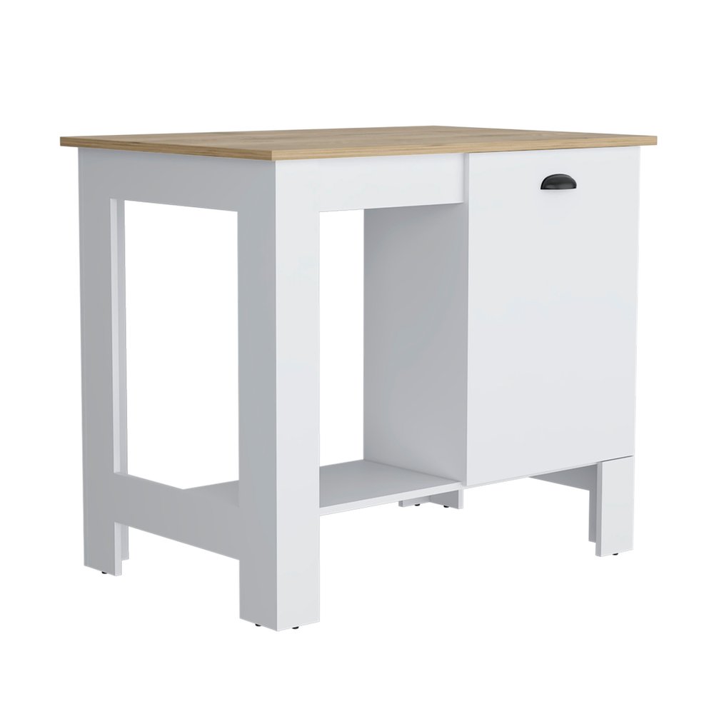Set of Two Oak and White Wood Kitchen Island And Pantry Cabinet