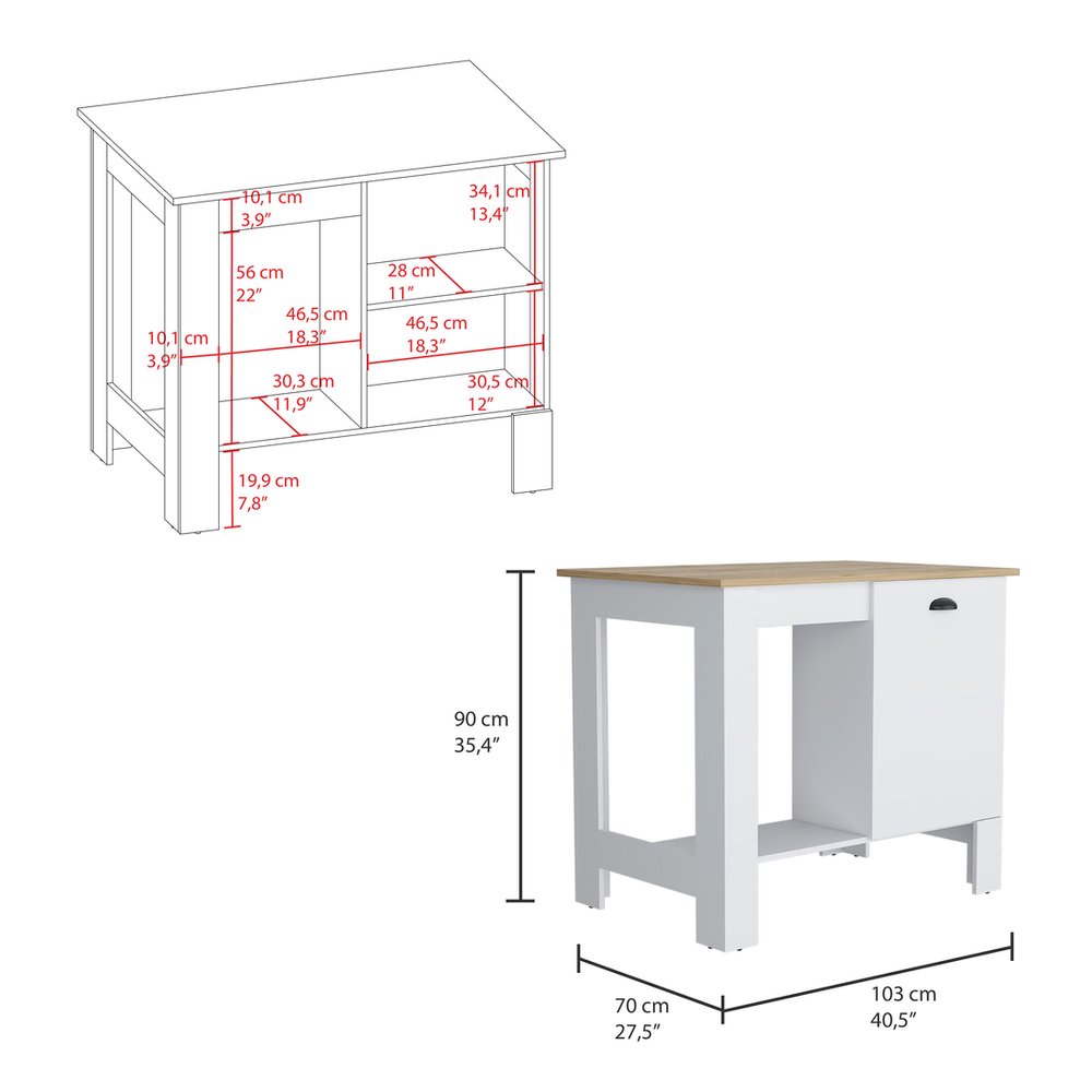Set of Two Oak and White Wood Kitchen Island And Pantry Cabinet