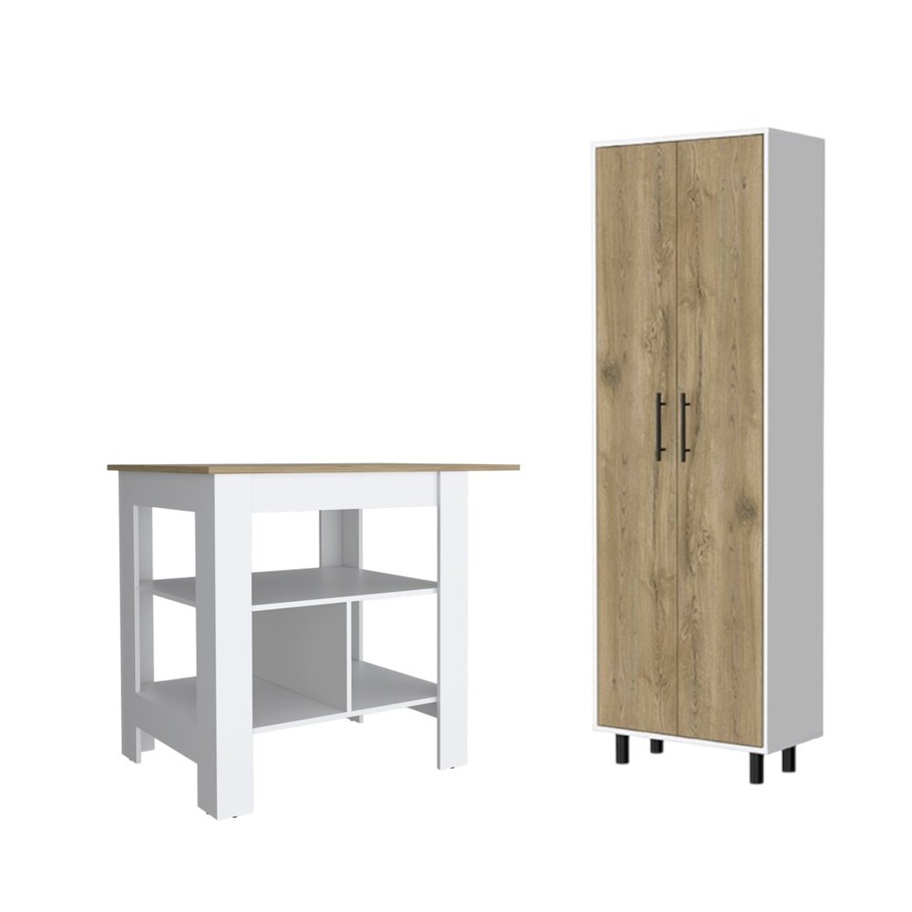 Isla de cocina de madera natural y blanca de 41" con espacio de almacenamiento