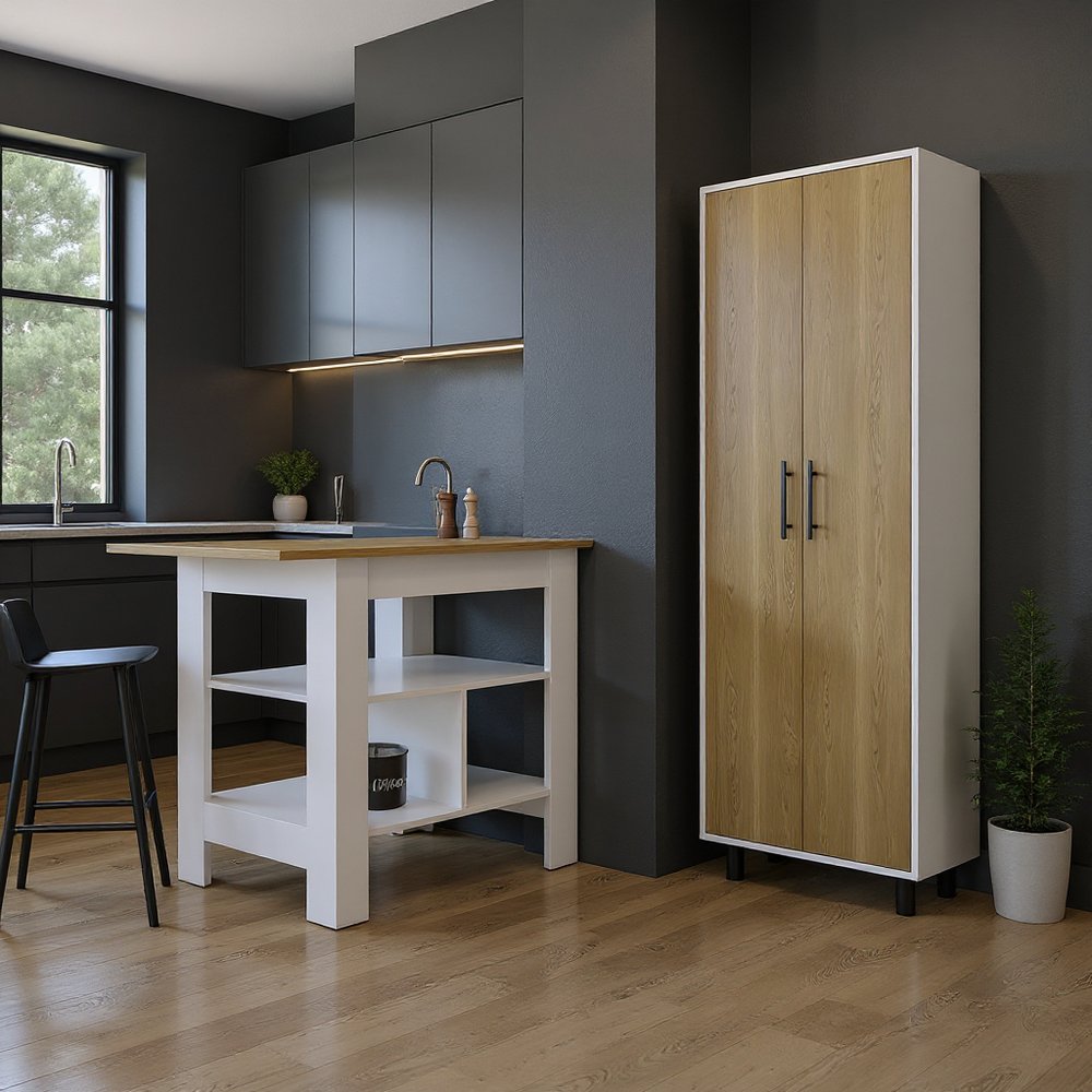 Isla de cocina de madera natural y blanca de 41" con espacio de almacenamiento