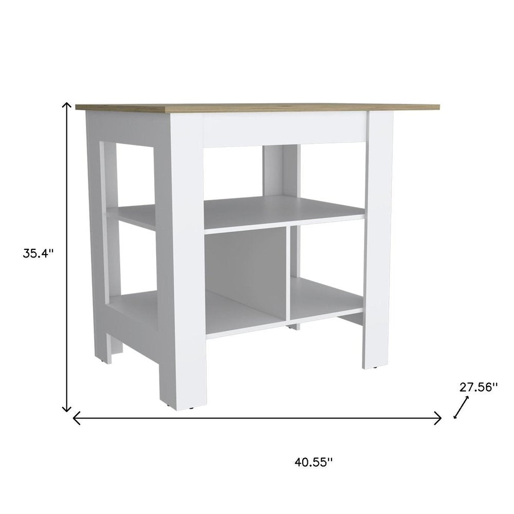 Isla de cocina de madera natural y blanca de 41" con espacio de almacenamiento