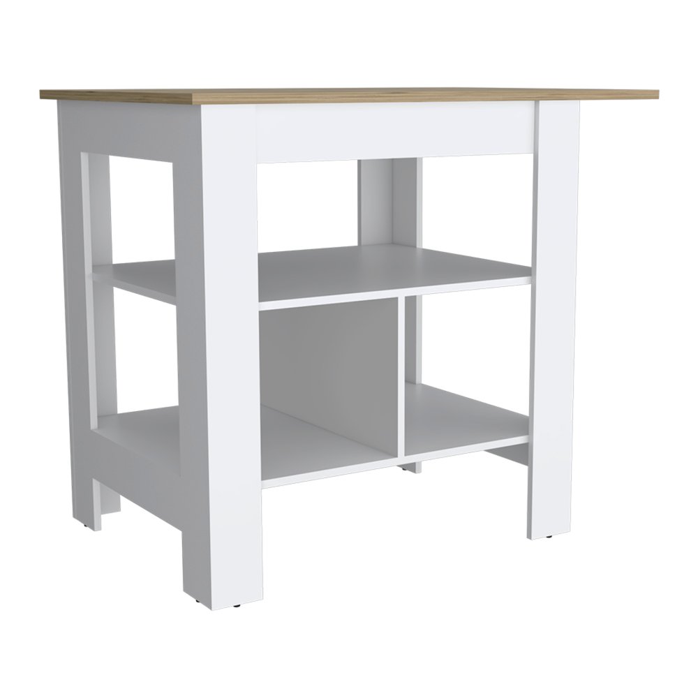 Isla de cocina de madera natural y blanca de 41" con espacio de almacenamiento