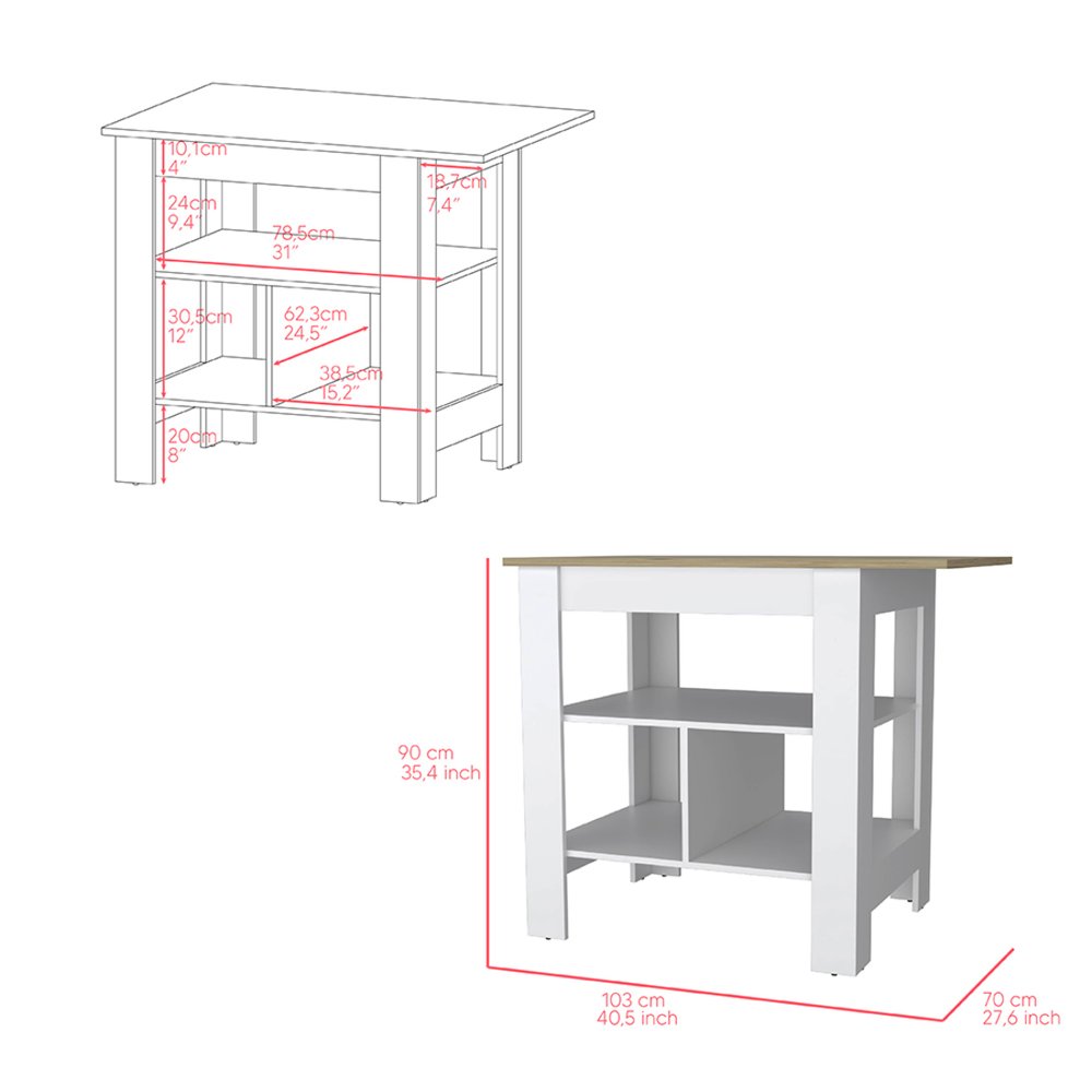 Isla de cocina de madera natural y blanca de 41" con espacio de almacenamiento