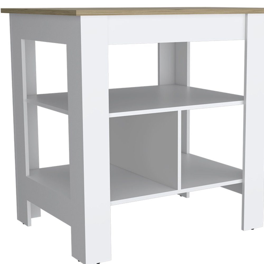 Isla de cocina de madera natural y blanca de 41" con espacio de almacenamiento