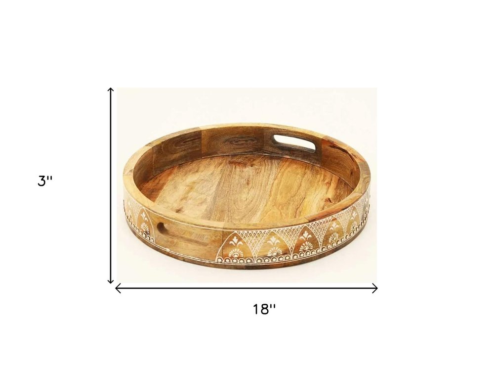 Juego de tres bandejas redondas de madera maciza natural con diseño floral para servir en interiores y exteriores, hechas a mano, con asas.
