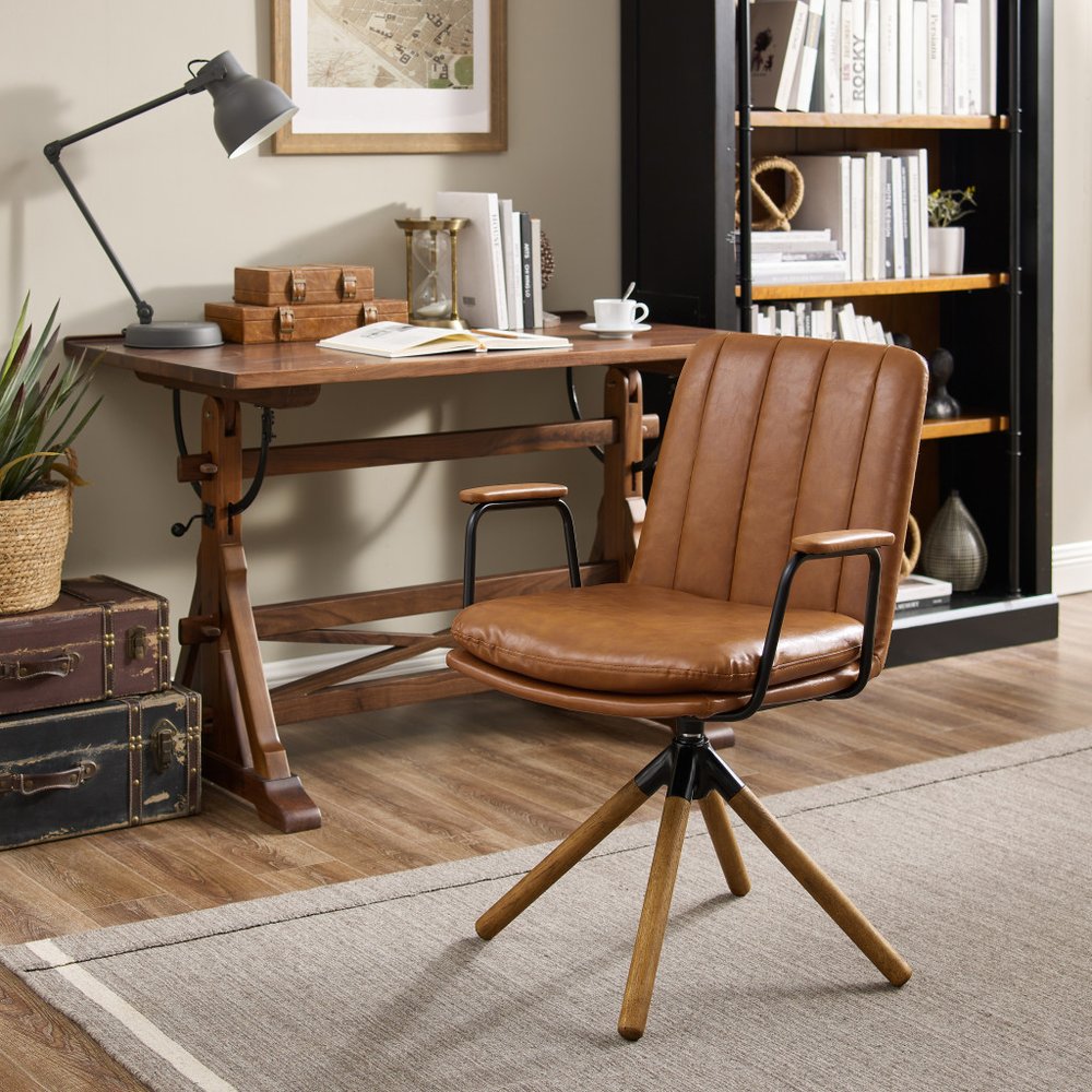 23" Off White Faux Leather And Brown Swivel Arm Chair
