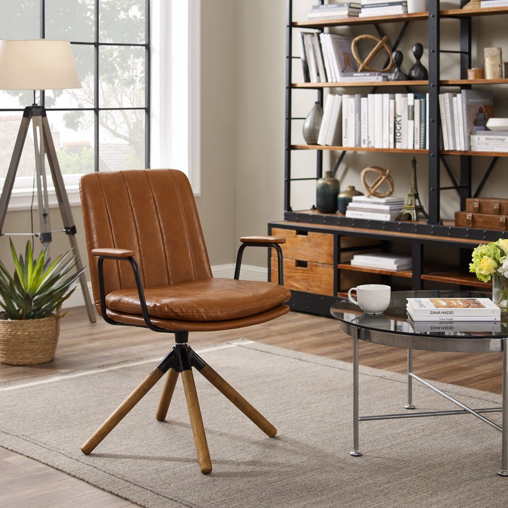 23" Off White Faux Leather And Brown Swivel Arm Chair
