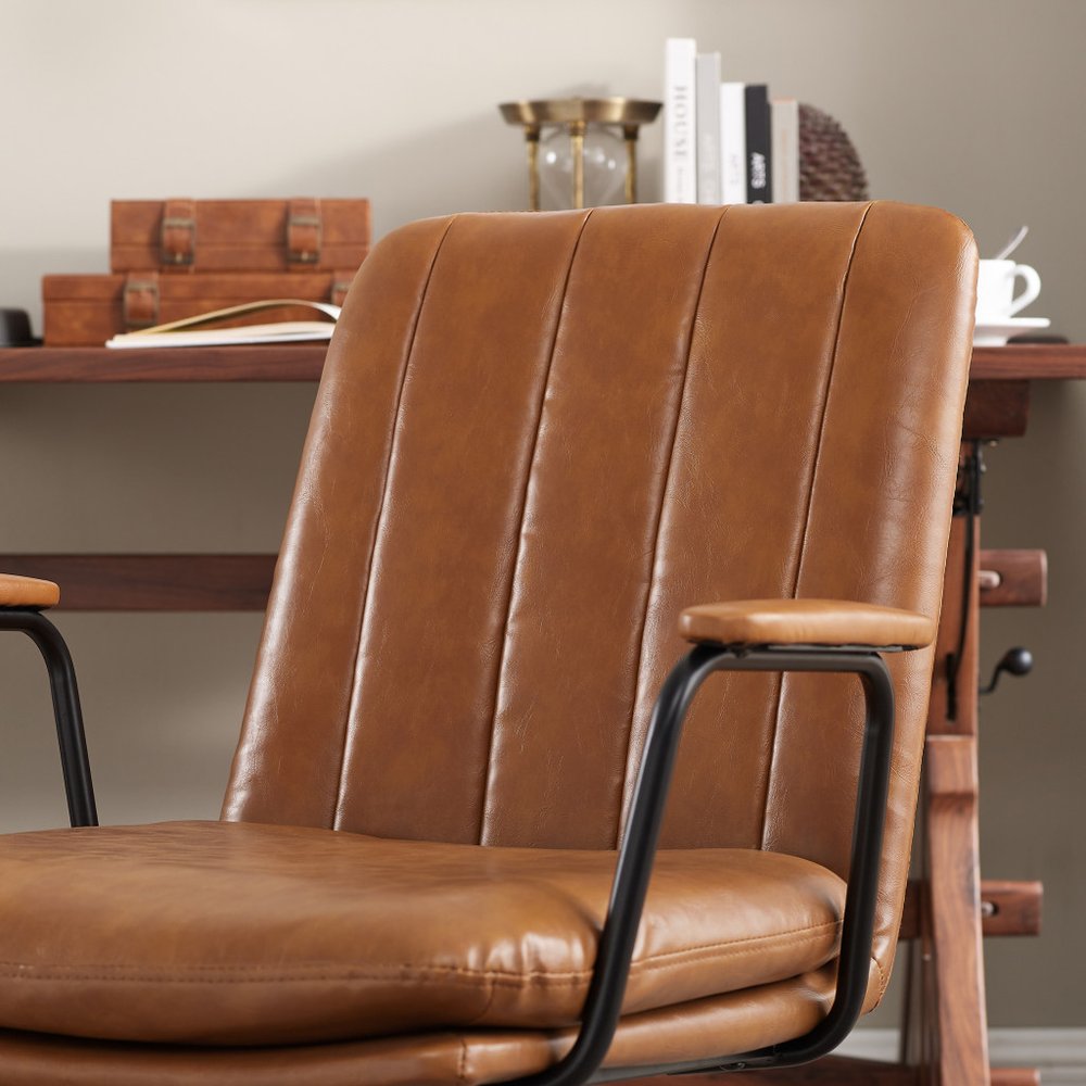 23" Off White Faux Leather And Brown Swivel Arm Chair