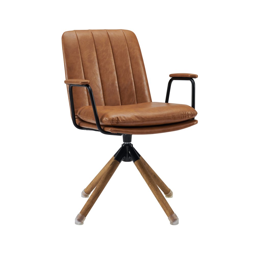 23" Off White Faux Leather And Brown Swivel Arm Chair
