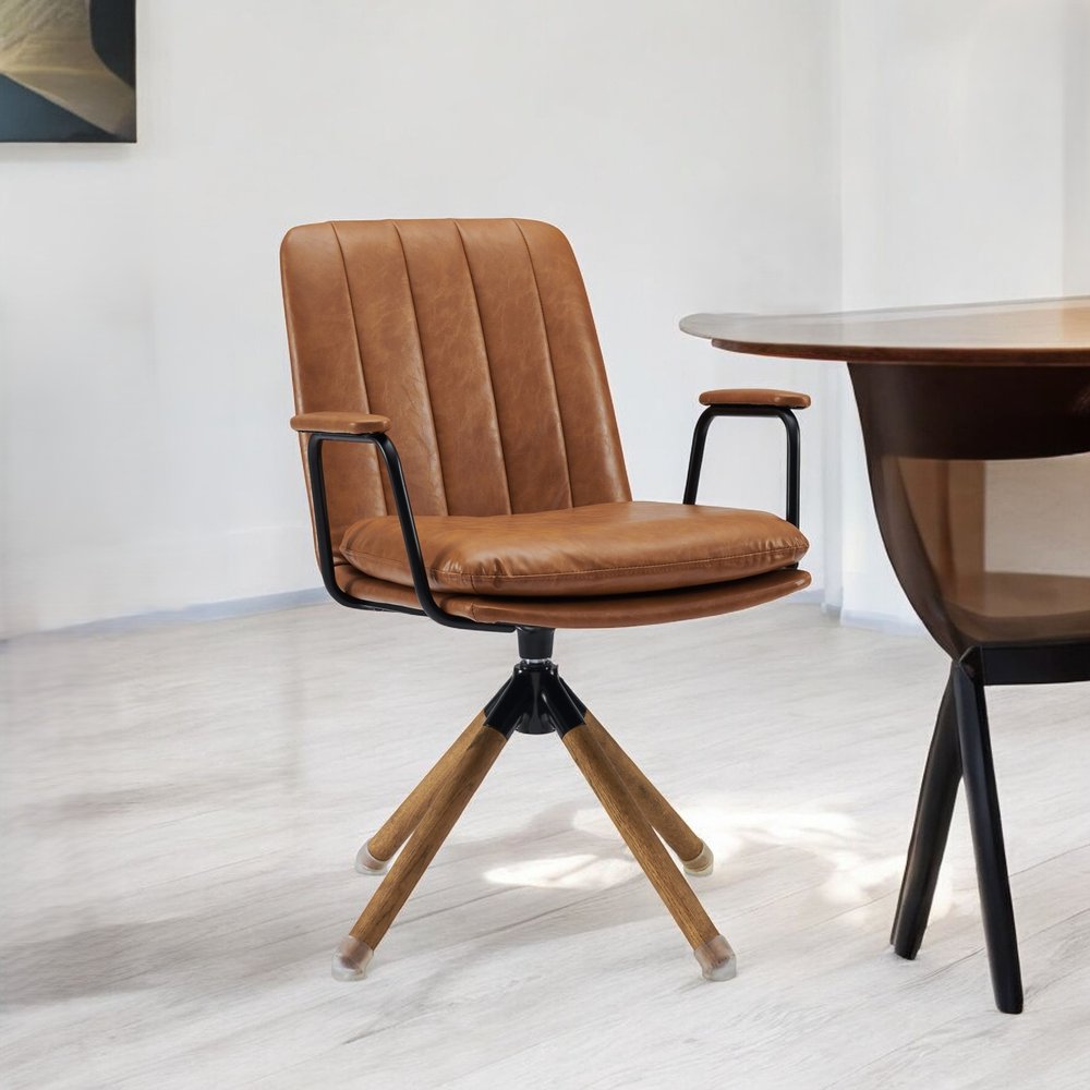 23" Off White Faux Leather And Brown Swivel Arm Chair