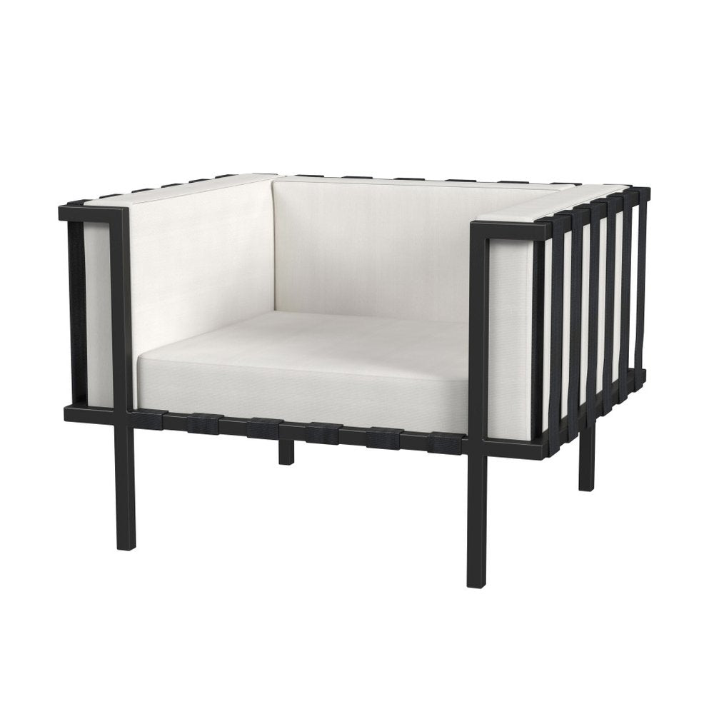 Sillón de exterior de metal negro de 83 cm con cojín blanco roto
