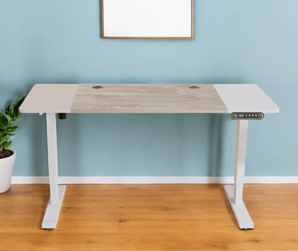 Adjustable White And Natural and White Wood and Stainless Steel Rolling Computer Desk