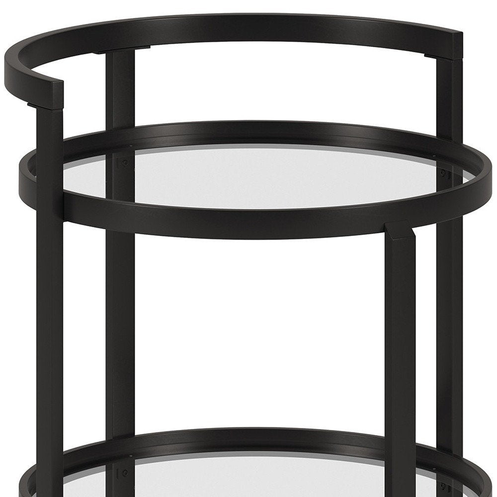 21" Black Steel and Glass Round Rolling Bar Cart