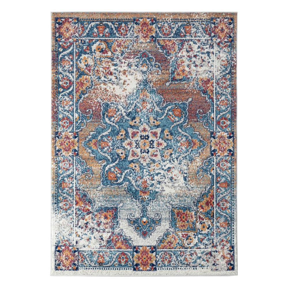 9' X 12' Ivory Blue And Orange Medallion Area Rug