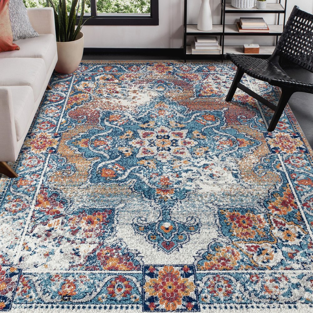 9' X 12' Ivory Blue And Orange Medallion Area Rug