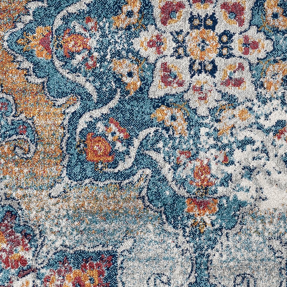 9' X 12' Ivory Blue And Orange Medallion Area Rug