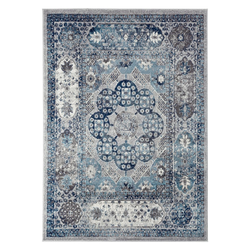 9' X 12' Ivory Blue And Gray Medallion Area Rug