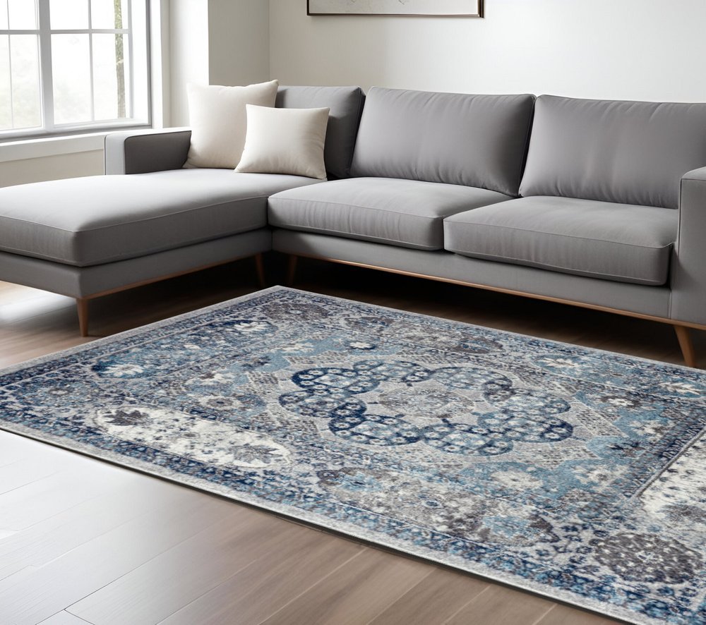 9' X 12' Ivory Blue And Gray Medallion Area Rug