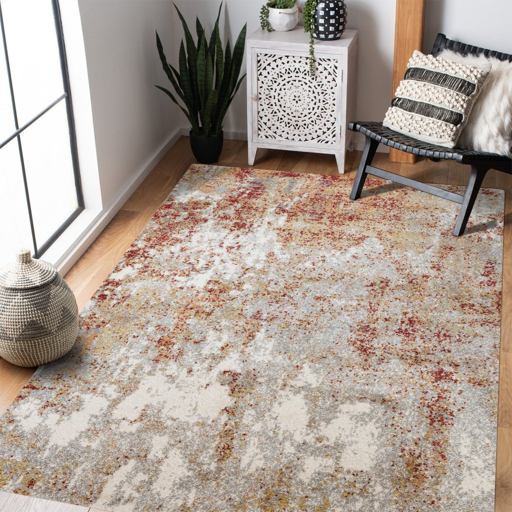 9' X 12' Ivory Red And Gray Abstract Area Rug