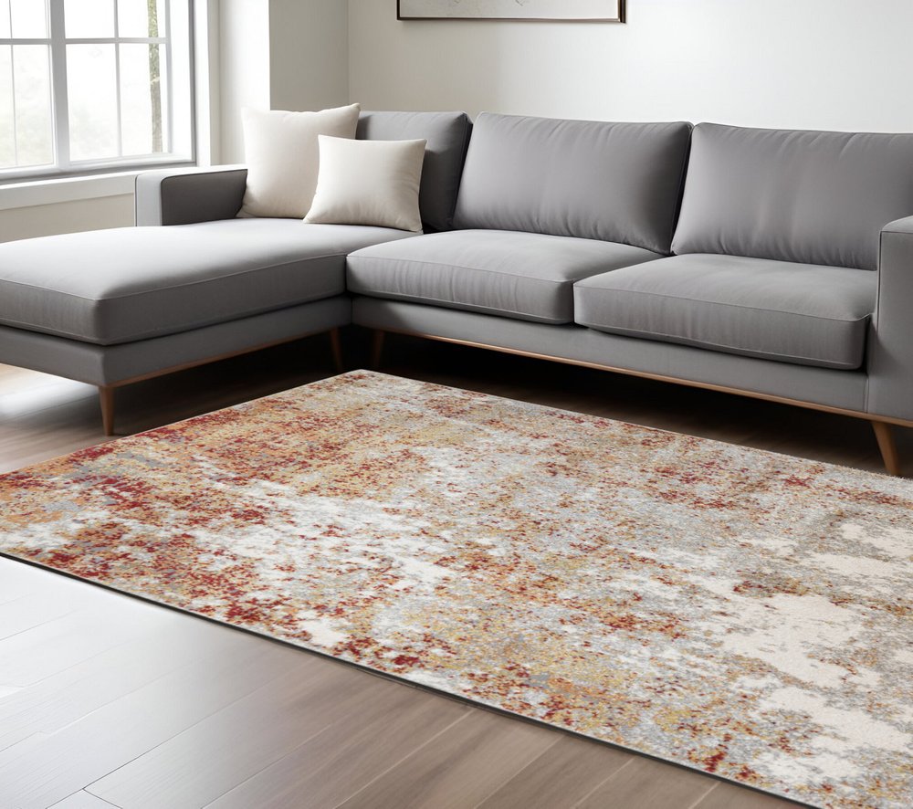 9' X 12' Ivory Red And Gray Abstract Area Rug