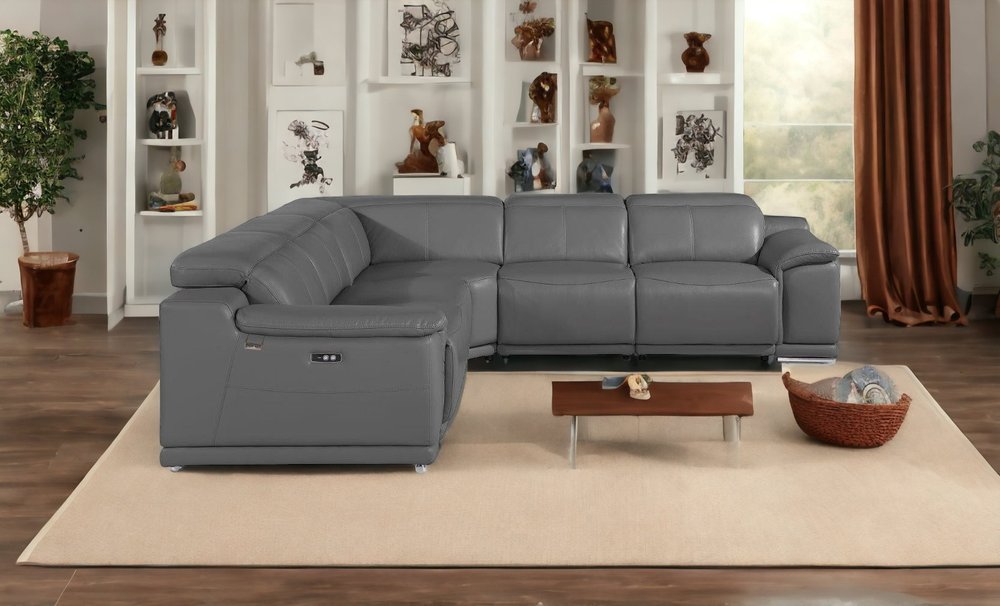Seccional esquinero de cinco piezas en forma de U, reclinable eléctrico, de cuero italiano gris con consola