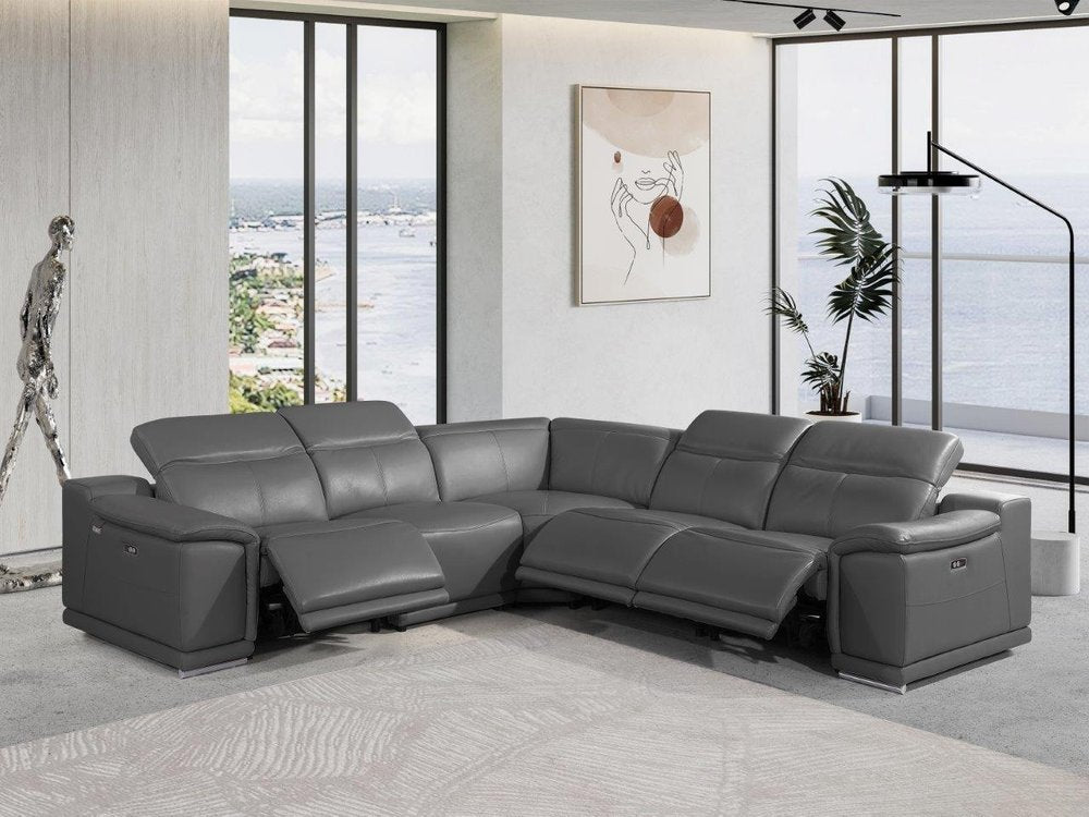 Seccional esquinero de cinco piezas en forma de U, reclinable eléctrico, de cuero italiano gris con consola