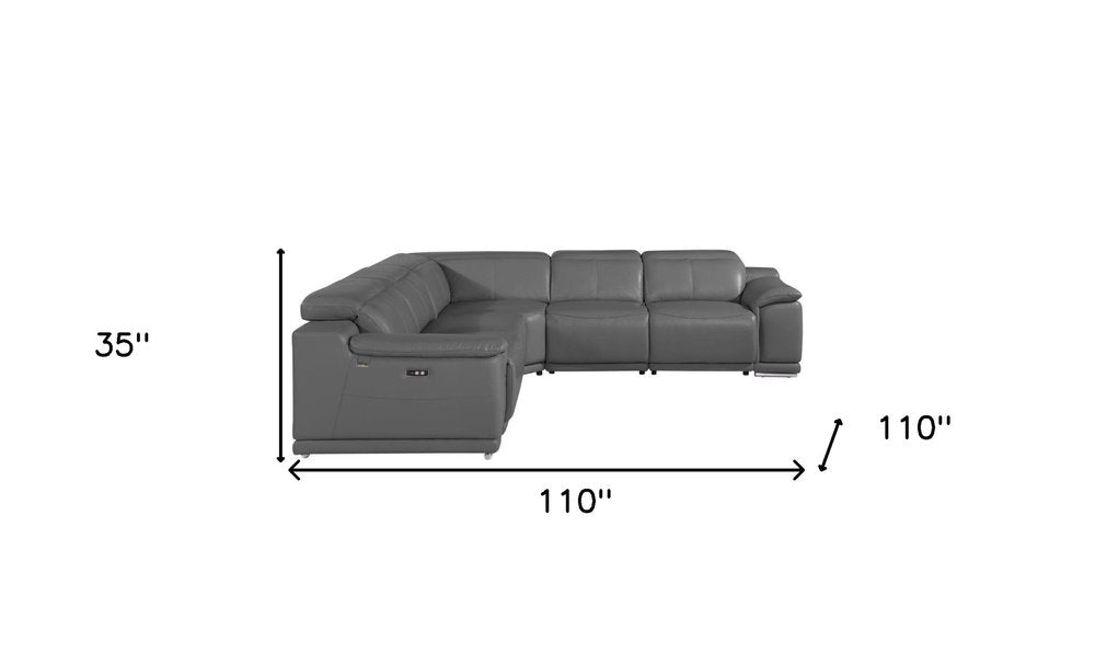 Seccional esquinero de cinco piezas en forma de U, reclinable eléctrico, de cuero italiano gris con consola