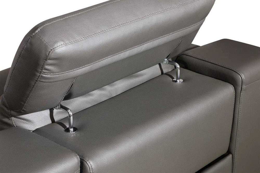 Seccional esquinero de cinco piezas en forma de U, reclinable eléctrico, de cuero italiano gris con consola