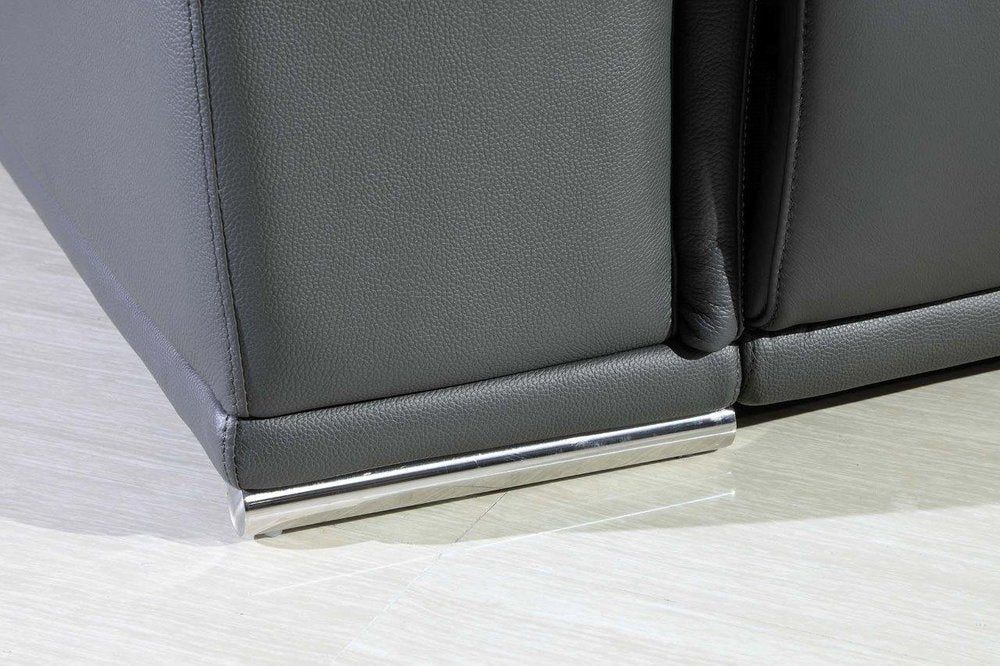 Seccional esquinero de cinco piezas en forma de U, reclinable eléctrico, de cuero italiano gris con consola