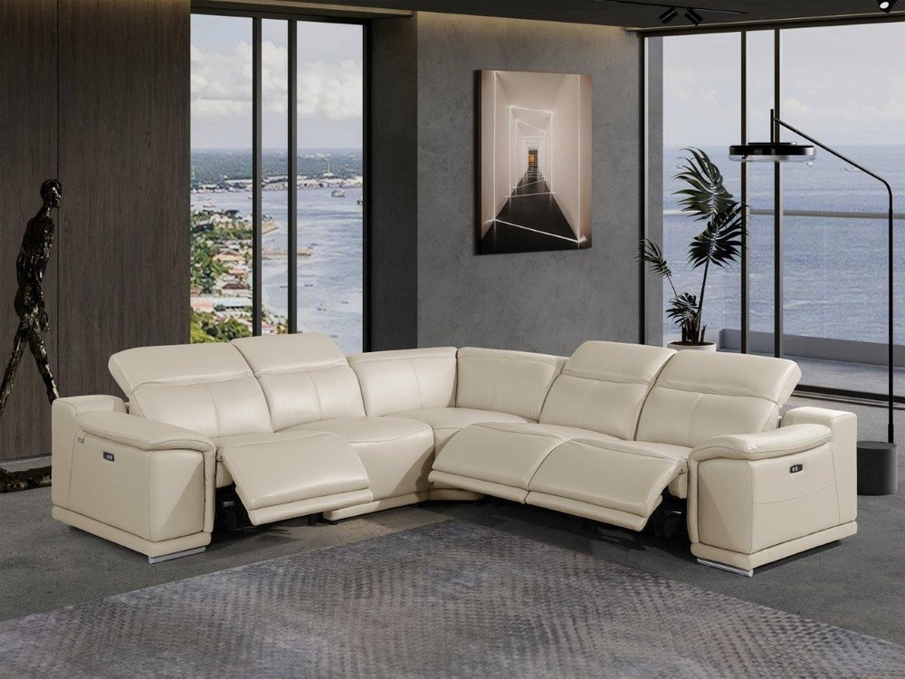 Seccional esquinero de cinco piezas en forma de U, reclinable eléctrico, de cuero italiano beige con consola