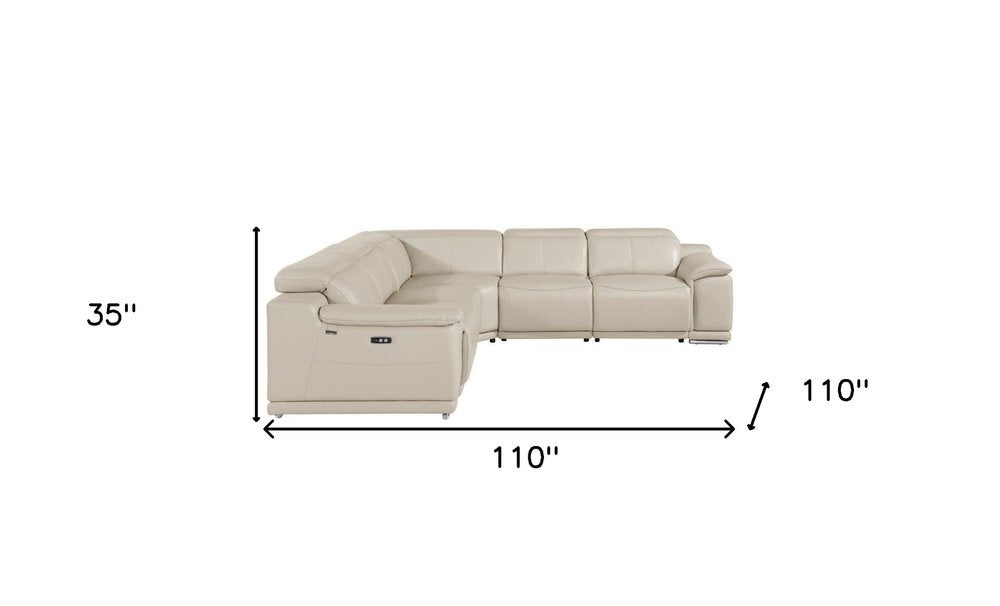 Seccional esquinero de cinco piezas en forma de U, reclinable eléctrico, de cuero italiano beige con consola