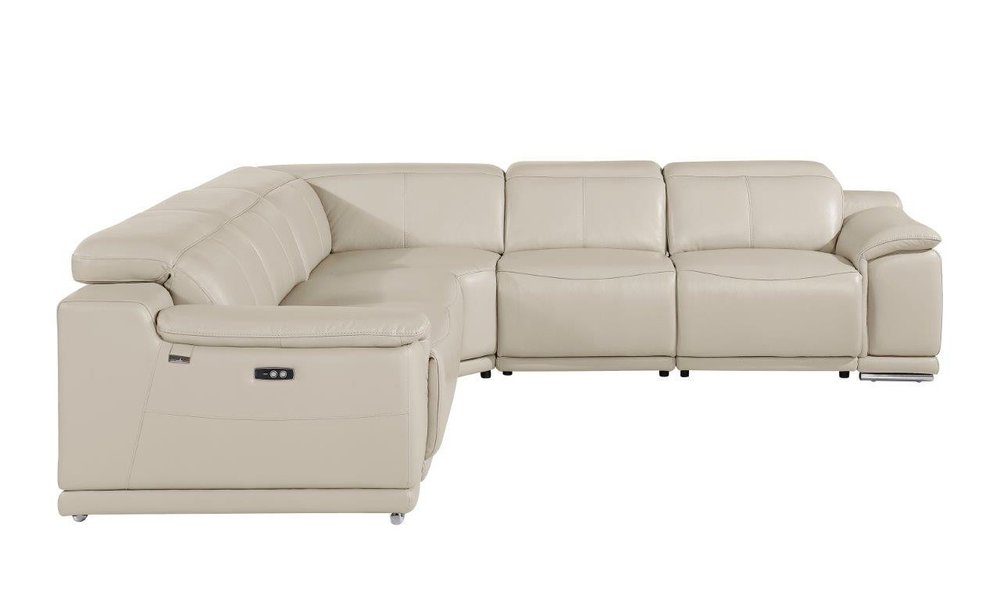 Seccional esquinero de cinco piezas en forma de U, reclinable eléctrico, de cuero italiano beige con consola