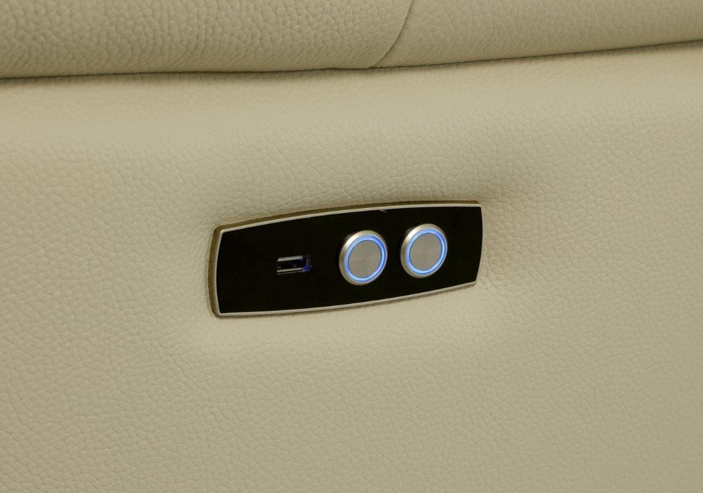 Seccional esquinero de cinco piezas en forma de U, reclinable eléctrico, de cuero italiano beige con consola