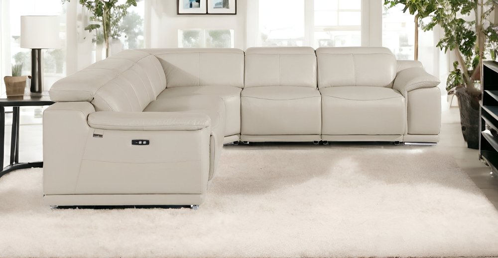 Seccional esquinero de cinco piezas en forma de U, reclinable eléctrico, de cuero italiano beige con consola