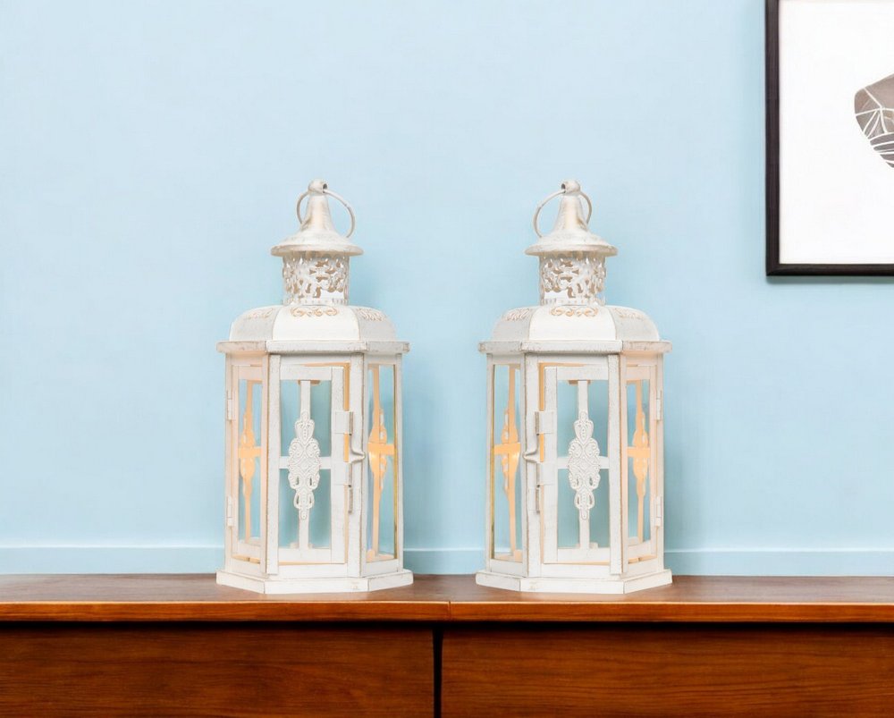 Set of Two White And Gold Glass And Metal Filigree Tabletop Lantern Candle Holders