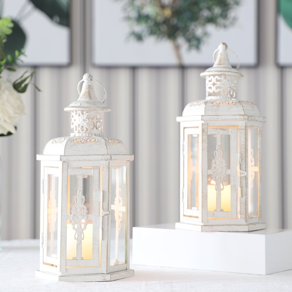 Set of Two White And Gold Glass And Metal Filigree Tabletop Lantern Candle Holders