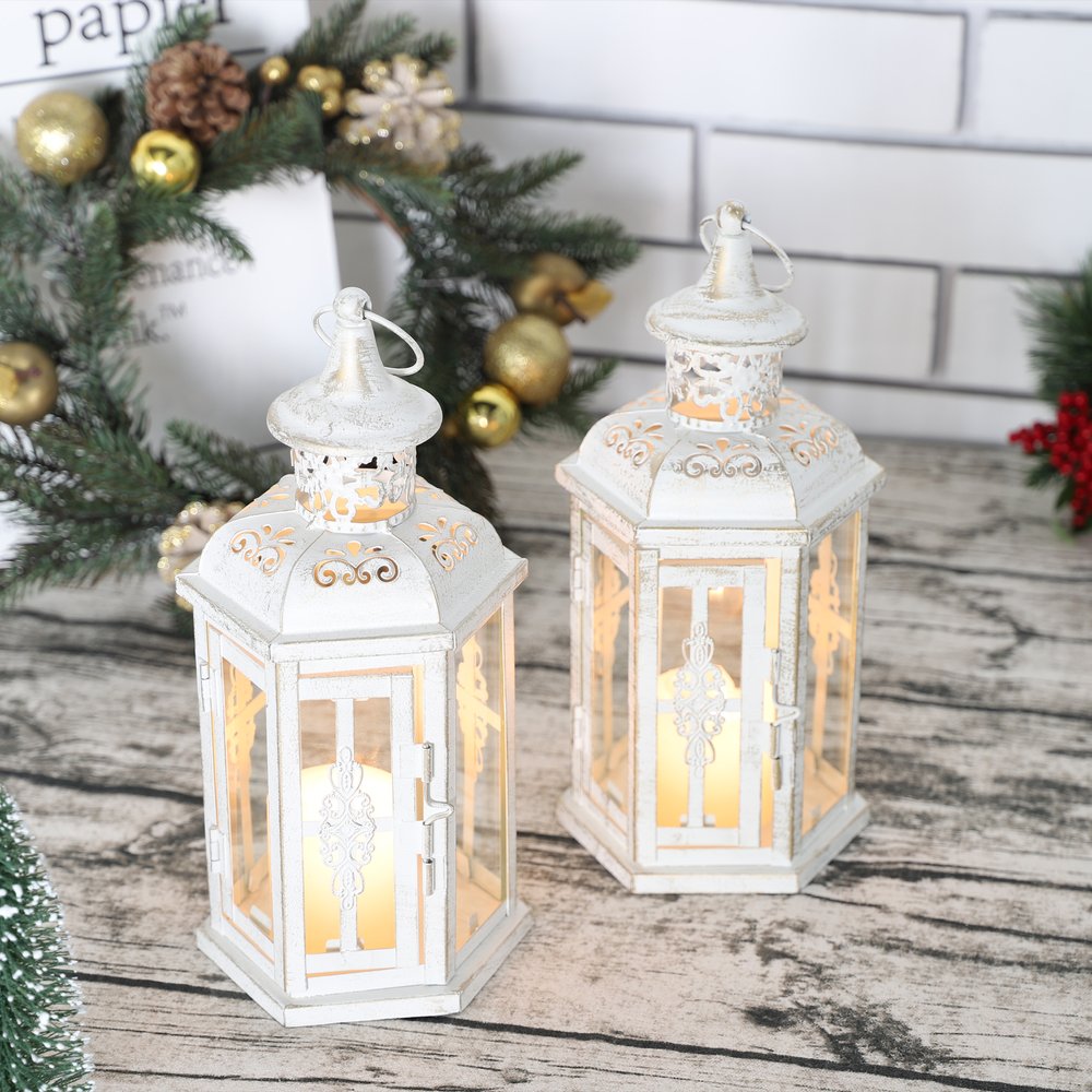 Set of Two White And Gold Glass And Metal Filigree Tabletop Lantern Candle Holders