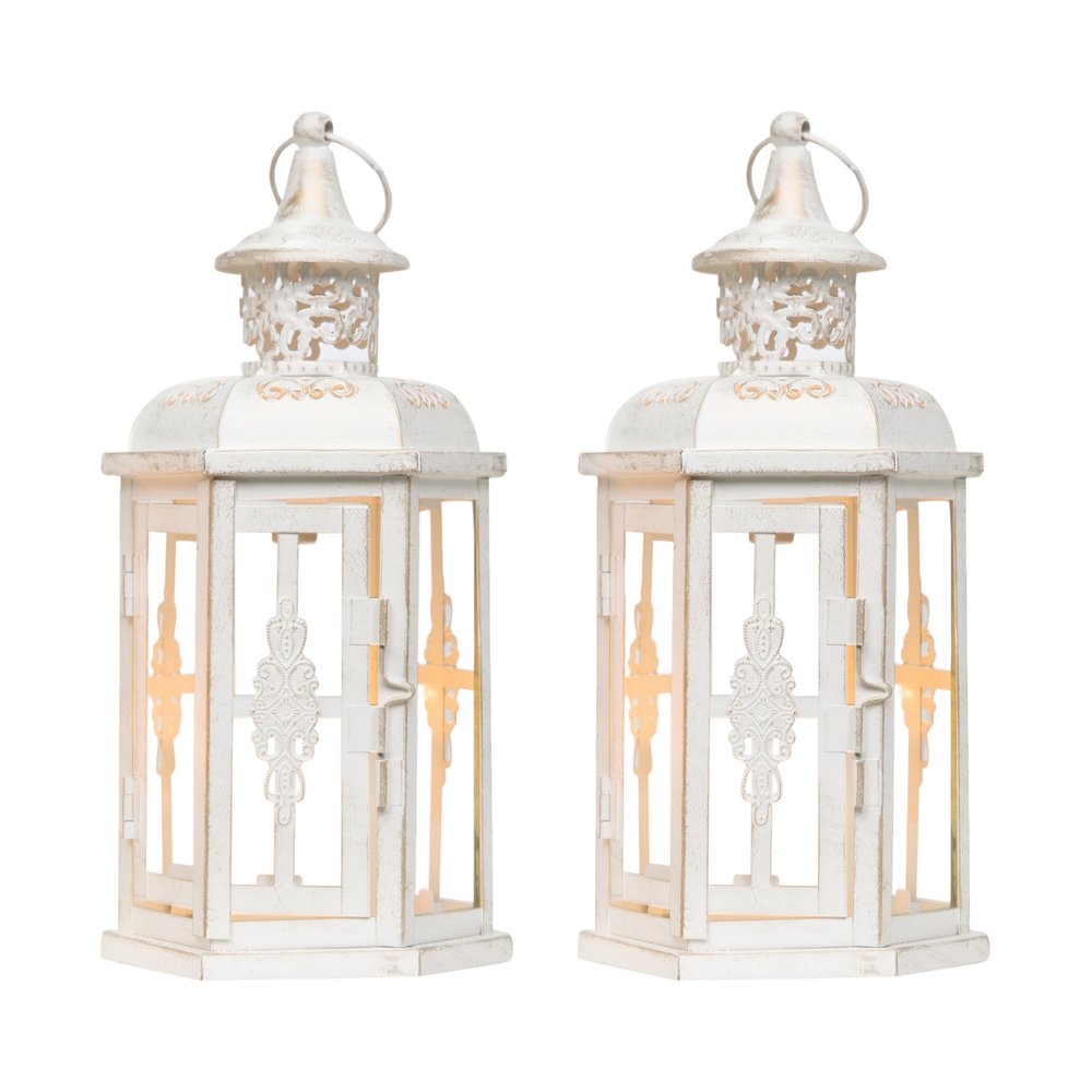 Set of Two White And Gold Glass And Metal Filigree Tabletop Lantern Candle Holders
