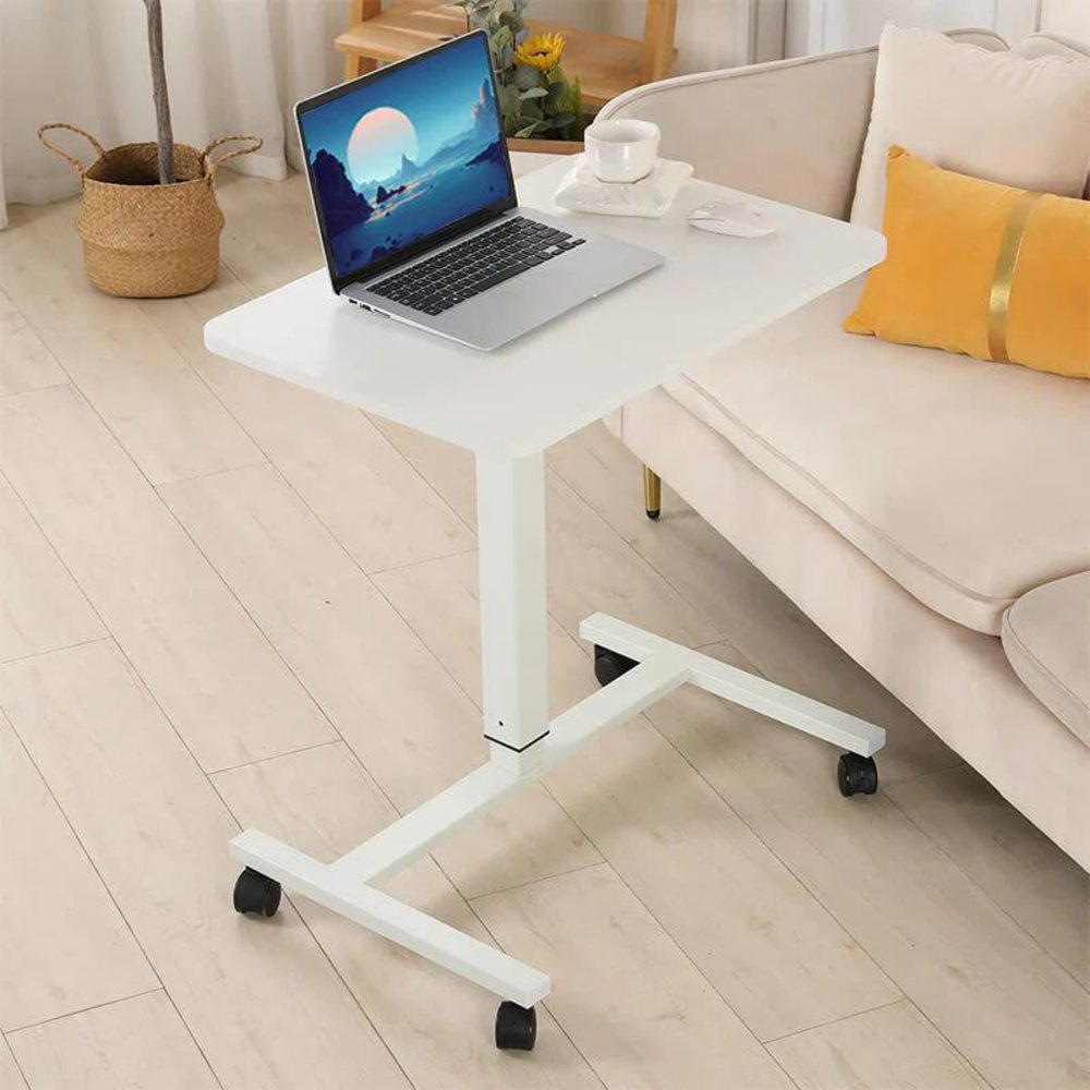 Escritorio de pie ajustable con ruedas de madera blanca y acero inoxidable