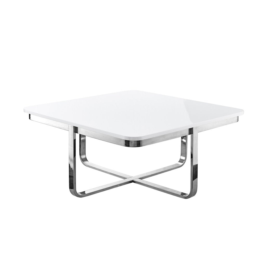 35" White And Silver Metallic Stainless Steel Square Coffee Table