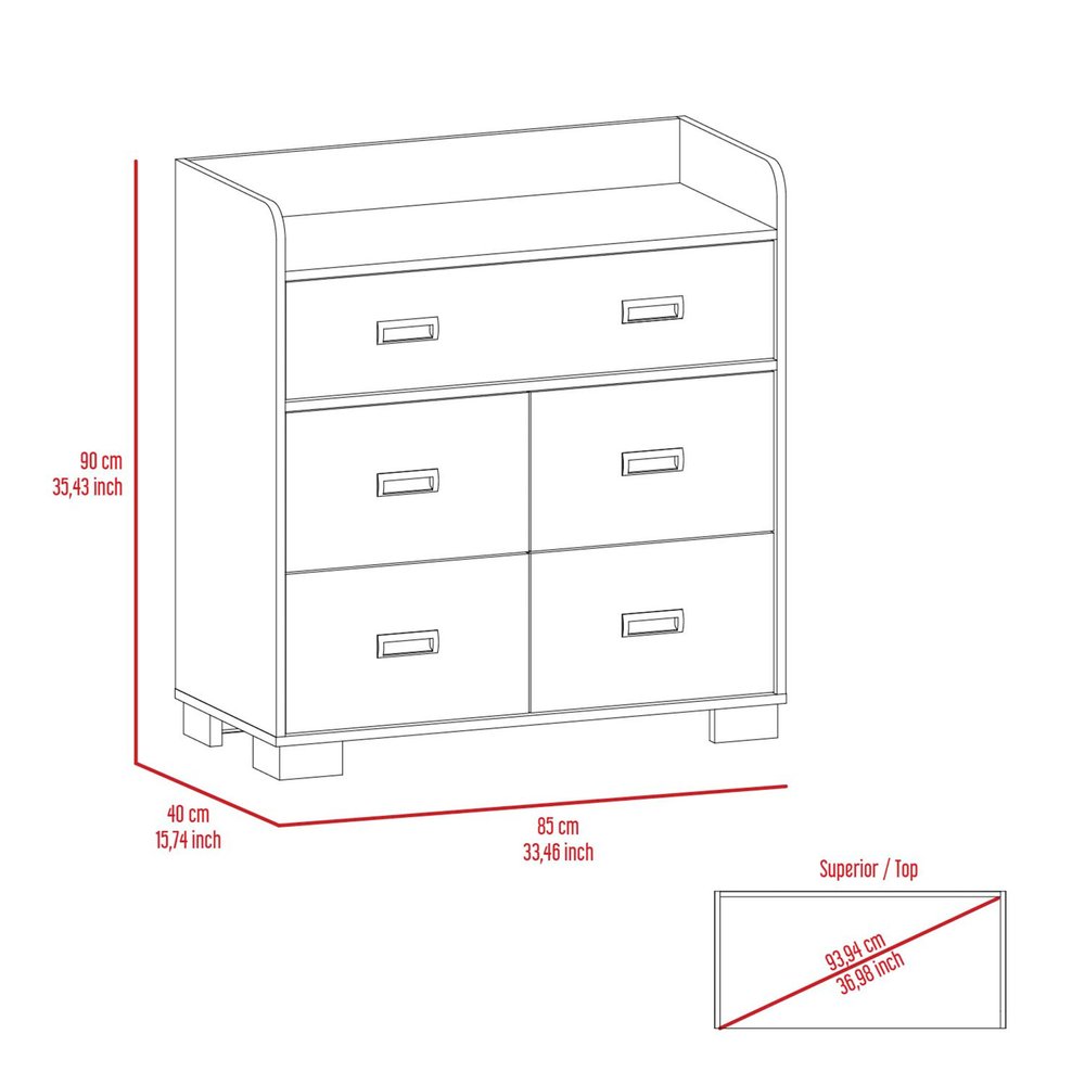 34" Dark Brown Five Drawer Dresser