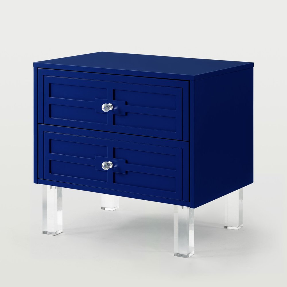 24" Navy Blue And Clear Wood And Acrylic End Table With Two Drawers