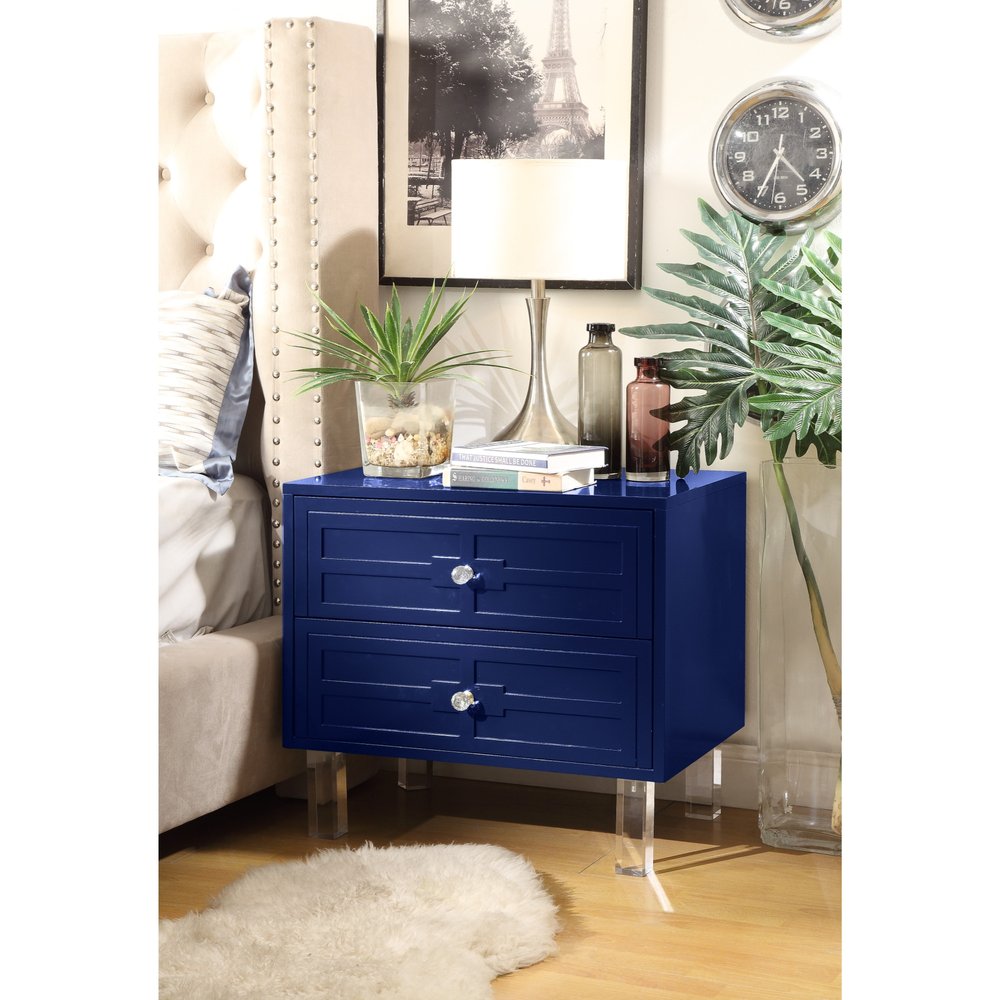 24" Navy Blue And Clear Wood And Acrylic End Table With Two Drawers