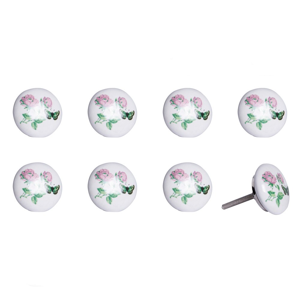 Set of Eight Light Pink And White Ceramic And Metal Floral Drawer Pull Knobs