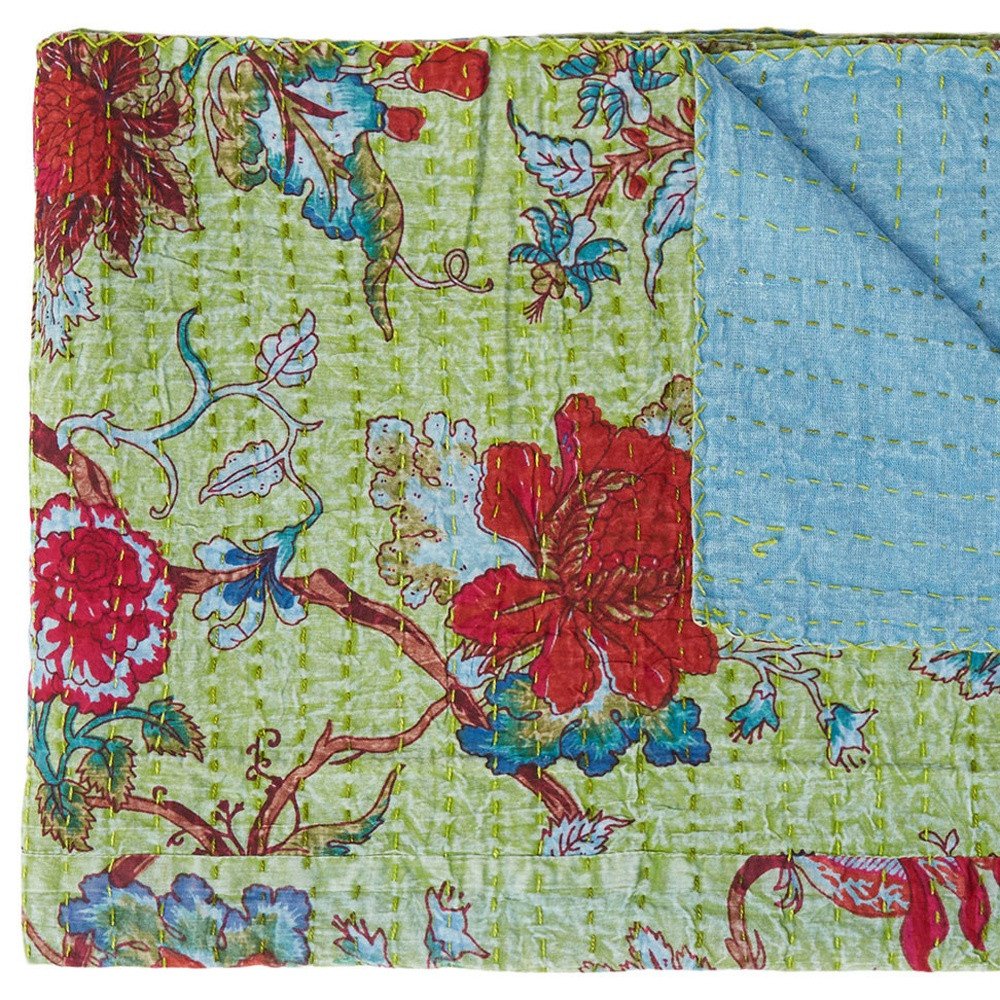 50" X 70" Green And Red Floral Cotton Quilted Kantha Throw Blanket with Embroidery