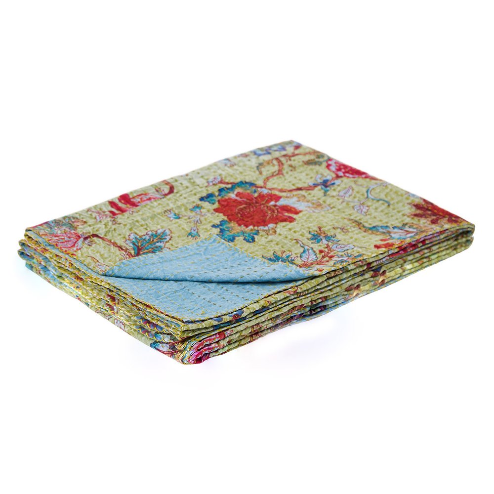 50" X 70" Green And Red Floral Cotton Quilted Kantha Throw Blanket with Embroidery