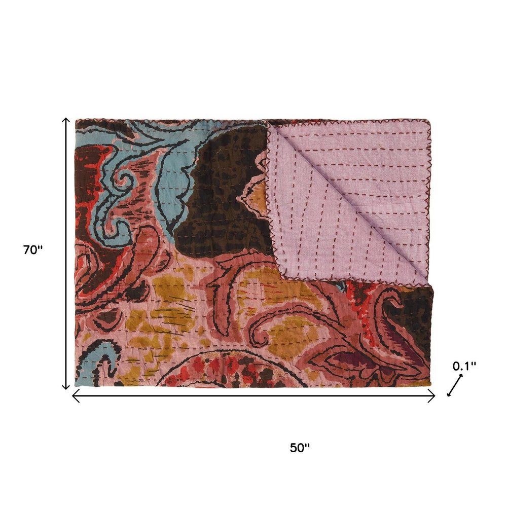 50" X 70" Brown And Pink Floral Cotton Quilted Kantha Throw Blanket with Embroidery