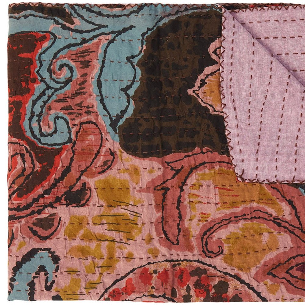 50" X 70" Brown And Pink Floral Cotton Quilted Kantha Throw Blanket with Embroidery